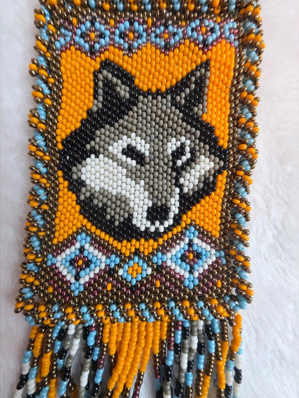 Handmade Beaded Wolf Wall Hanging / Ornament Native Style Seed Bead Art Fringe